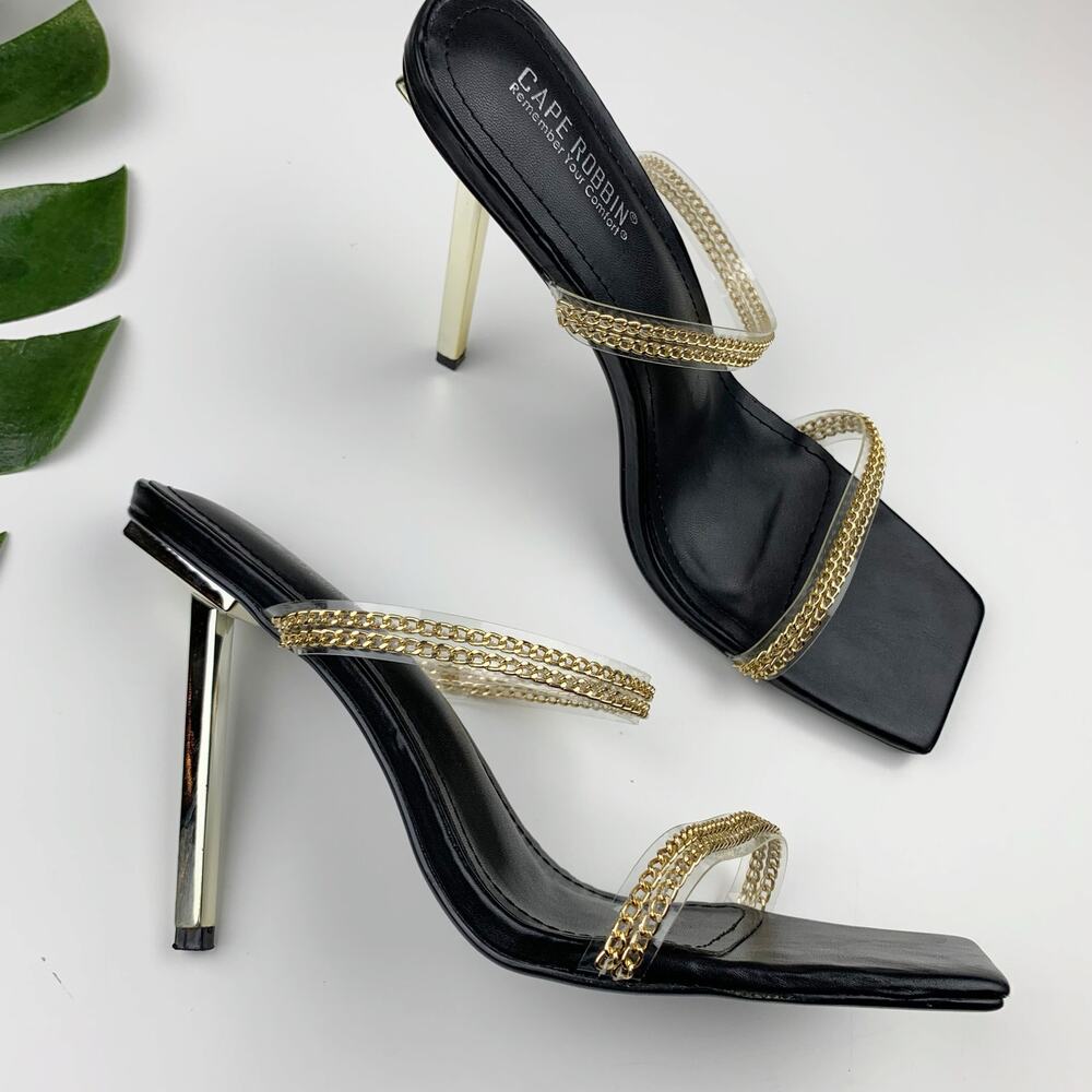 Cape Robbin Enya Gold Chain Metal Stiletto High Heels Sandals Women's 11